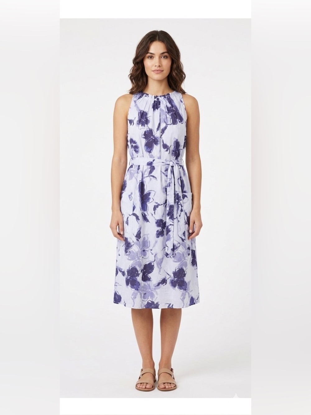 Julian Taylor Blue & White Pinstripe 100% Cotton Floral Midi Dress Size 12 NWT